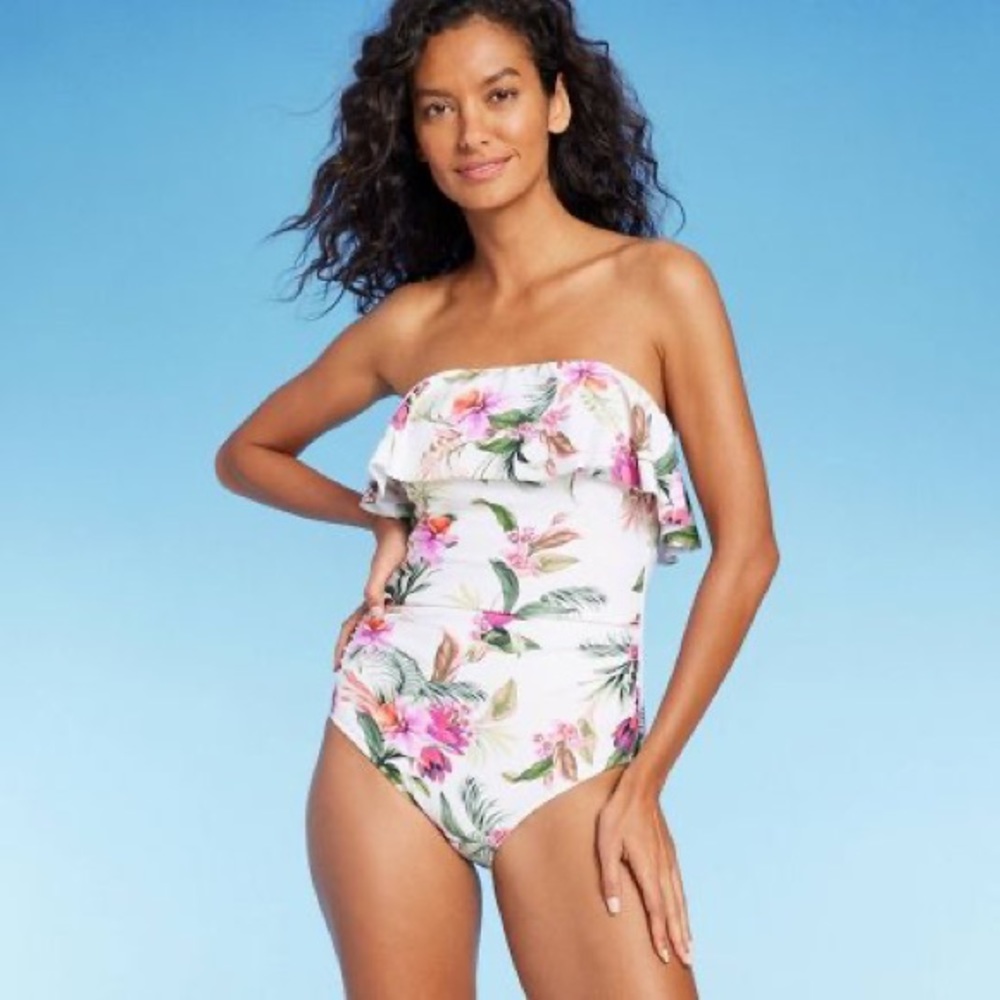 Kona Sol Cream/ Floral Bandeau Full One Piece Swimsuit Women’s Small